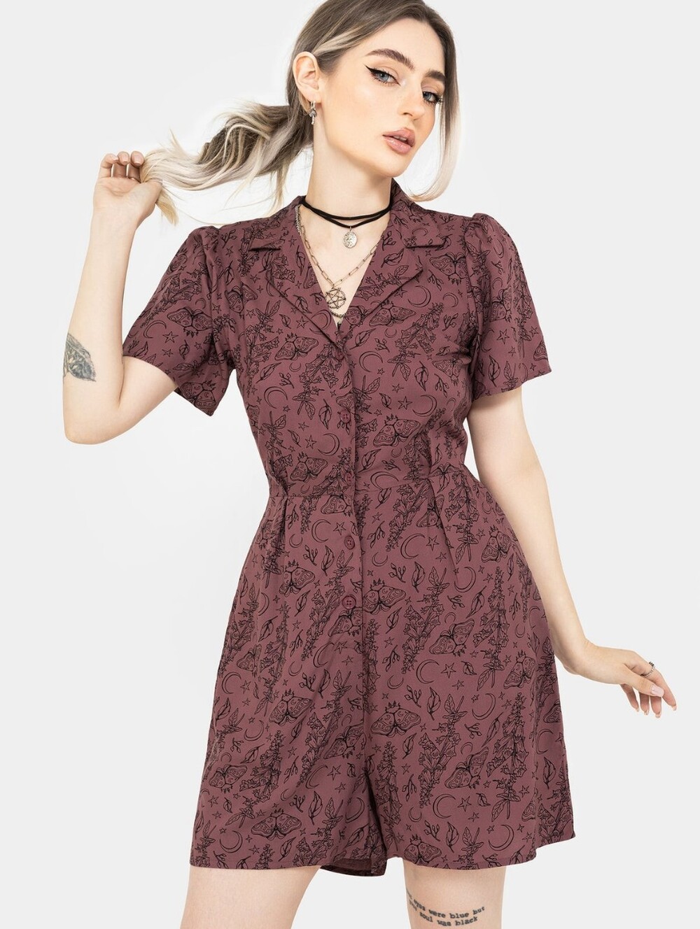 Disturbia Roxana moth foxglove button down playsuit romper